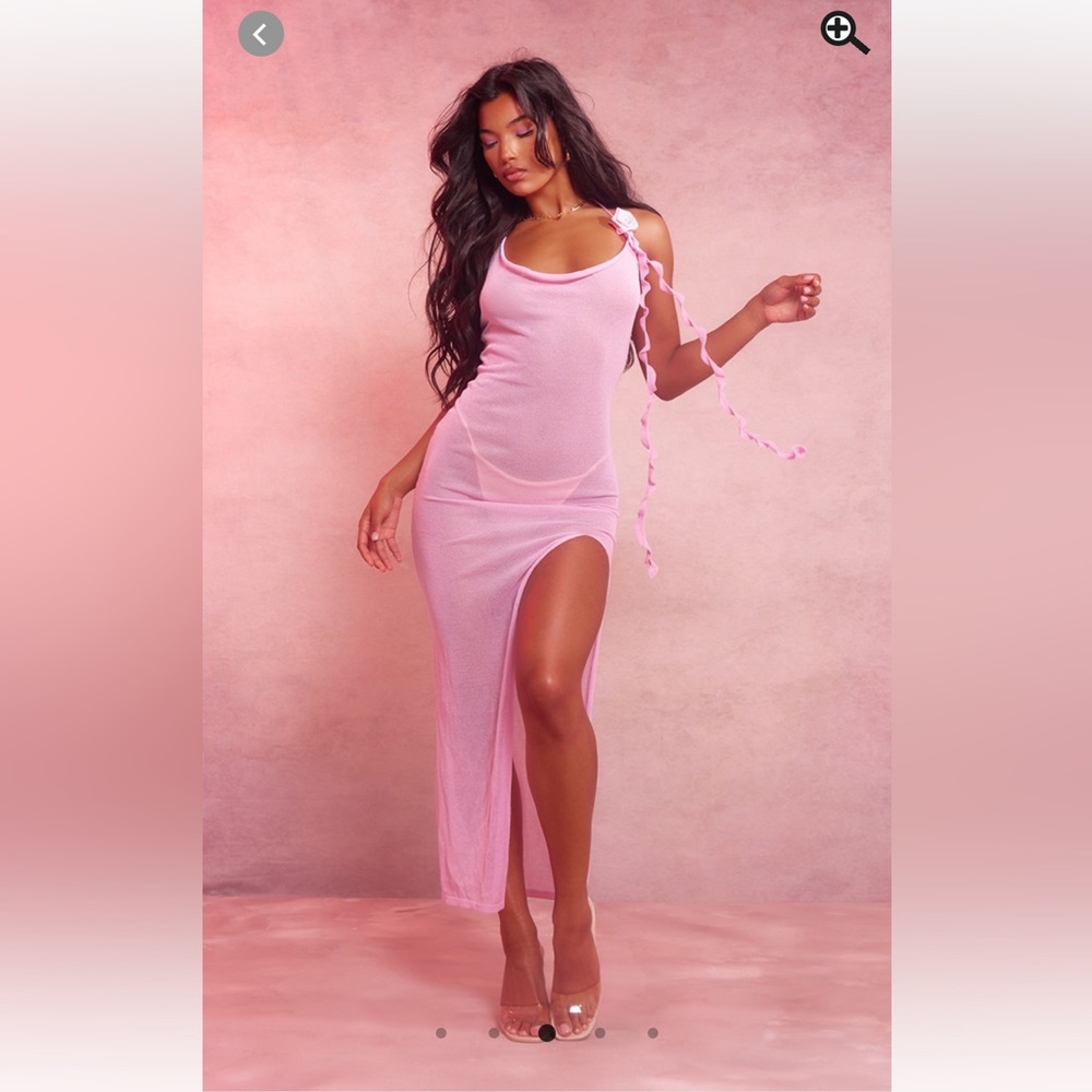 PrettyLittleThing Pink Flower Embellished Sheer Knit Maxi Dress